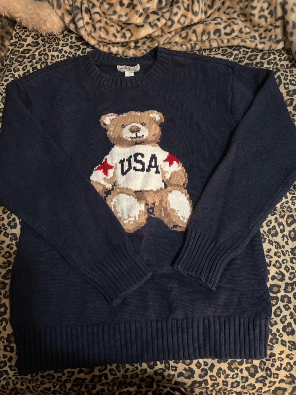 Mighty Fine Navy Crewneck Sweater with Teddy Bear USA Motif